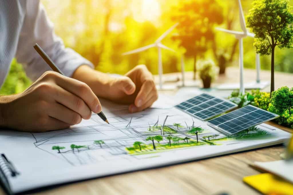 Eine Person hält einen Bleistift in der Hand und zeichnet auf einen Block Windräder und PV-Anlagen. Die Sonne scheint im Hintergrund.